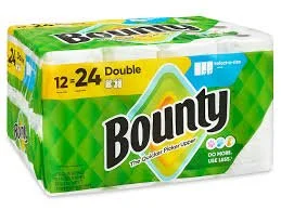 Bounty paper towels in a green and yellow box indicating 12 to 24 rolls, double size, and 'go green, use less' message.
