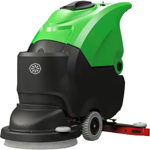Green and black floor cleaning machine with red attachment in front.