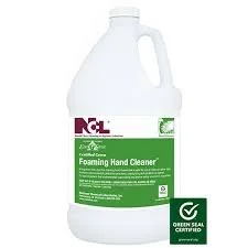 A large white plastic jug of foam hand cleaner with a green and purple label.