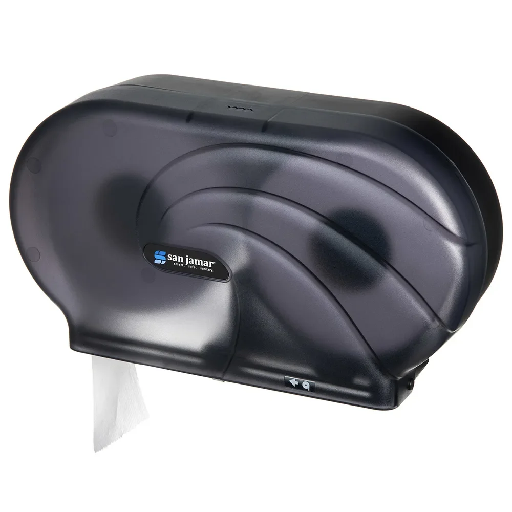 Black San Jamar paper towel dispenser on a white background.