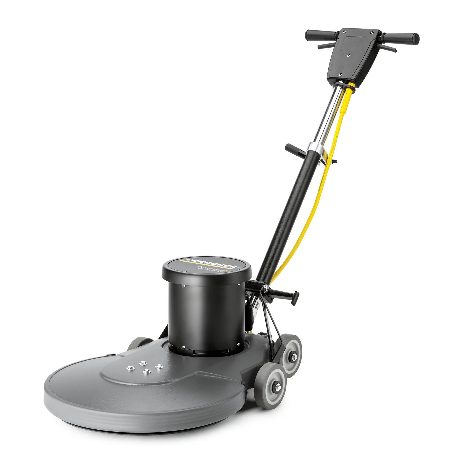 Electric floor cleaning machine with a black and gray body, large rounded cleaning pad, and a handlebar with controls.