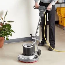 Person cleaning floor with a commercial floor machine in a room with a potted plant and yellow cleaning supplies in the background.