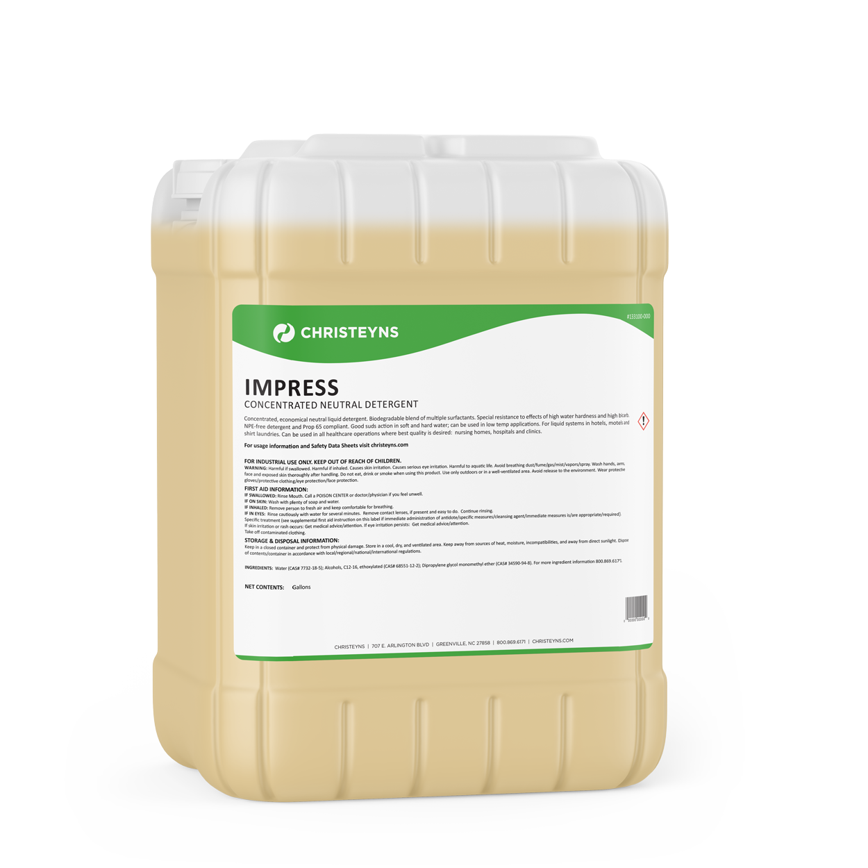 A large container of Christyens Impress concentrated neutral detergent with a green and white label.