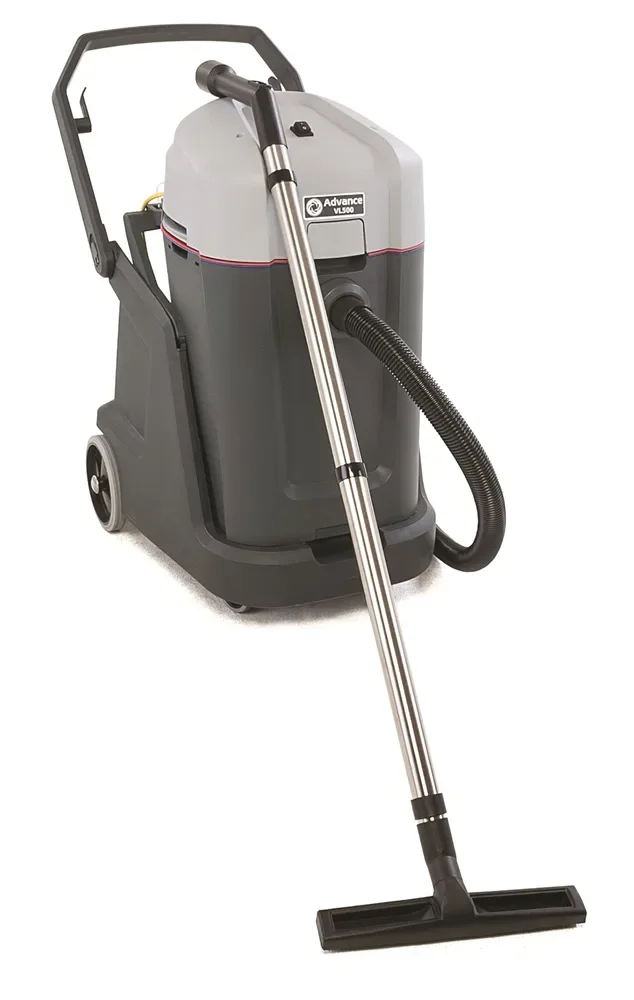 A wet/dry vacuum cleaner with a black and gray body, a large black hose, and a metal extension wand with a wide vacuum head at the end.