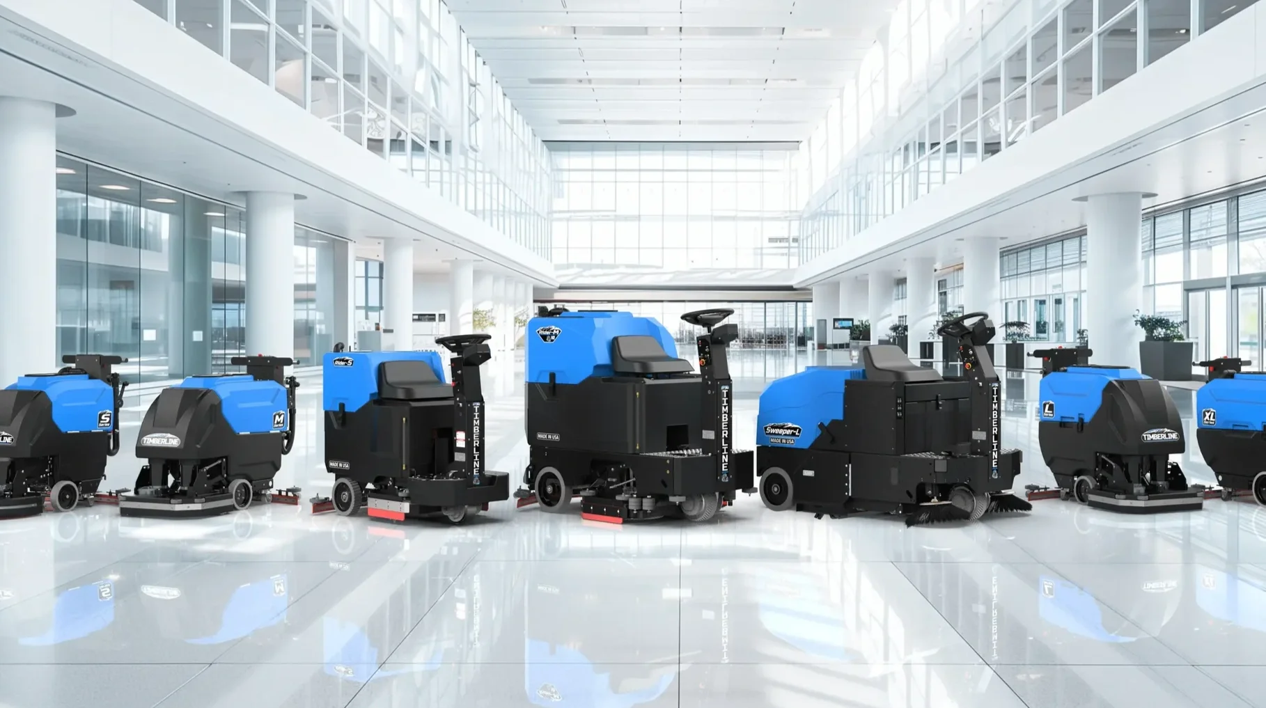 Multiple blue and black commercial floor cleaning machines, such as scrubbers and sweepers, lined up in a spacious, modern indoor lobby area with large windows and high ceilings.