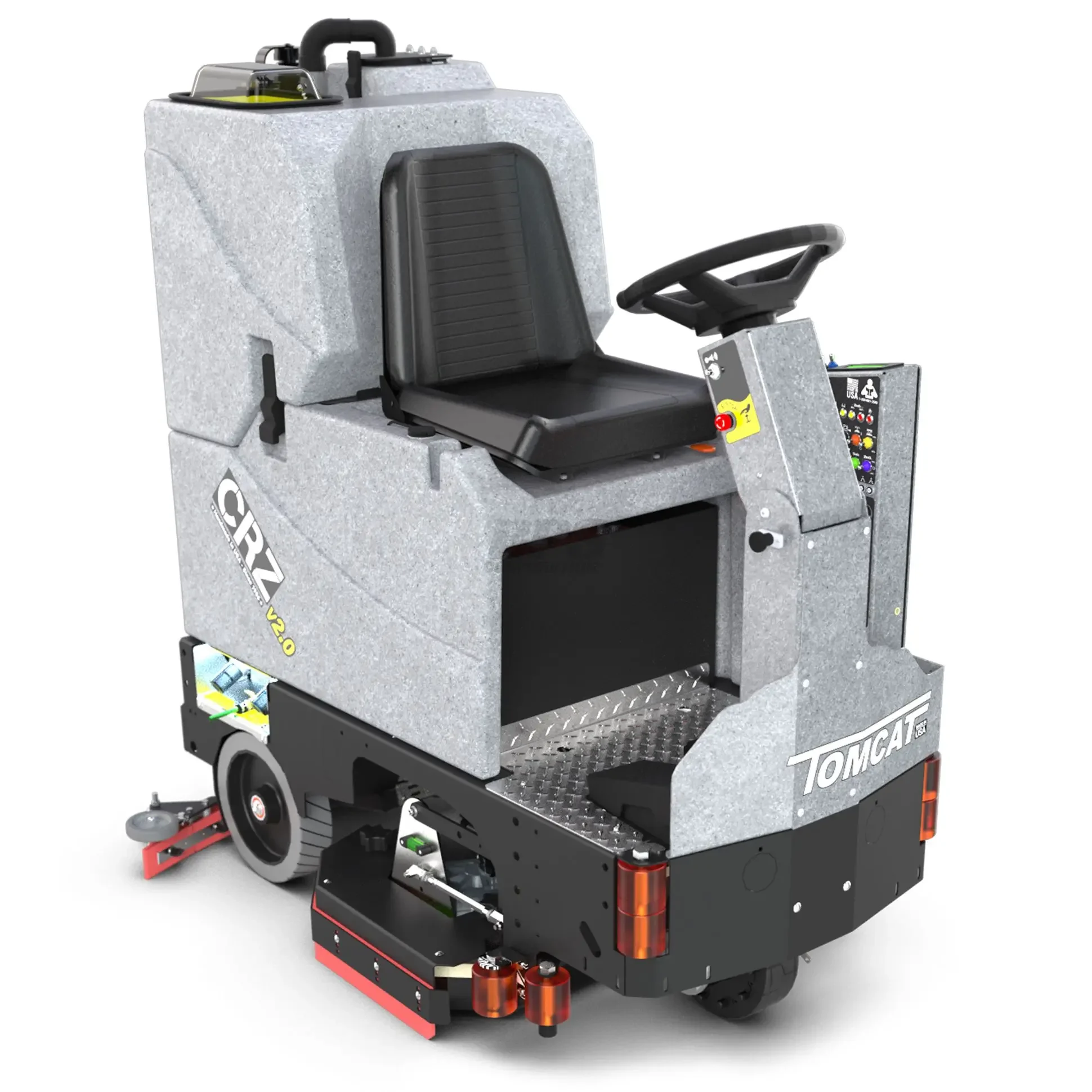 Autonomous floor cleaning robot with gray exterior, black seat, and control panel, branded TOMCAT, equipped with cleaning tools underneath.
