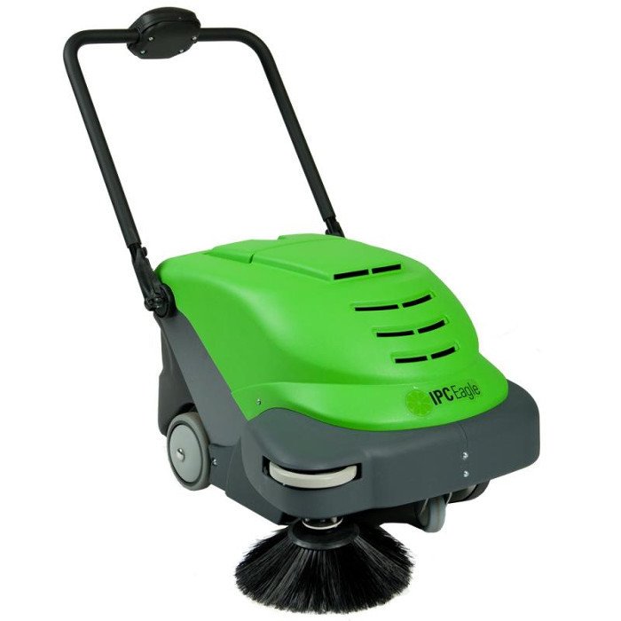 Green floor cleaning machine with a black handle and rotating brush at the bottom.