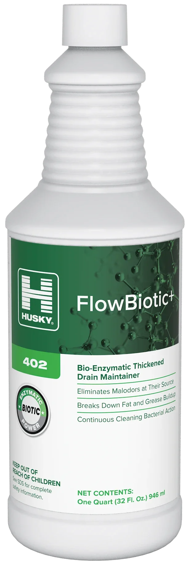 A white bottle of Husky FlowBiotic Bio-Enzymatic Thickened Drain Maintainer with green label, scientific graphics, and product description.