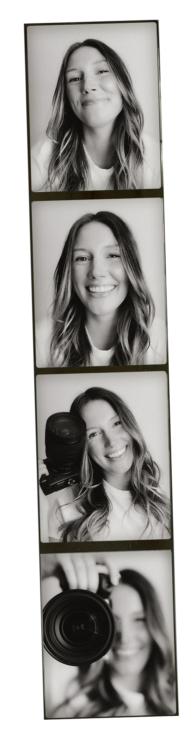 A photo strip featuring a woman with long wavy hair, smiling and winking in the first two photos, holding a camera in the third photo, and pointing the camera lens towards the viewer in the last photo.