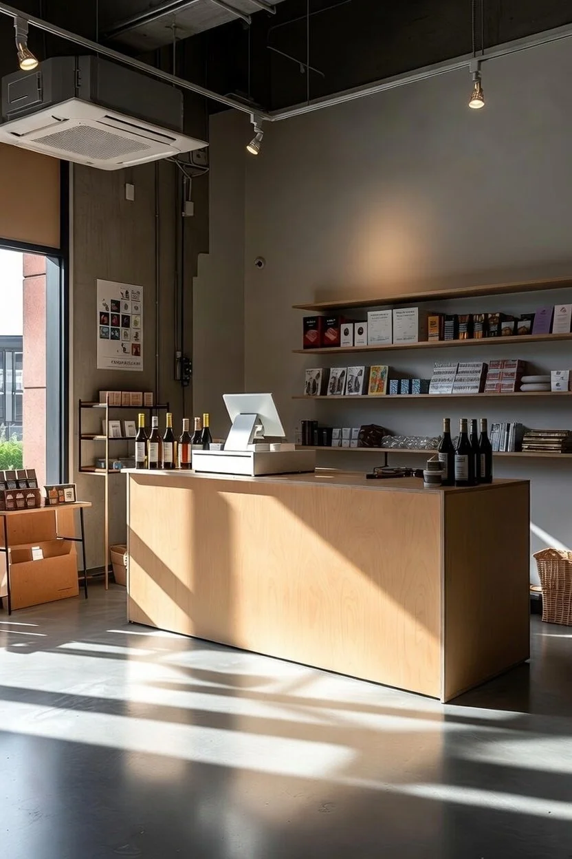 Interior of a modern coffee shop or retail store with a wooden checkout counter, shelves stocked with books and products, and sunlight streaming through a window casting shadows on the floor.