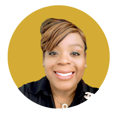 Portrait of a smiling woman with short, styled hair, wearing earrings, a necklace, and a dark top, set against a yellow circular background.