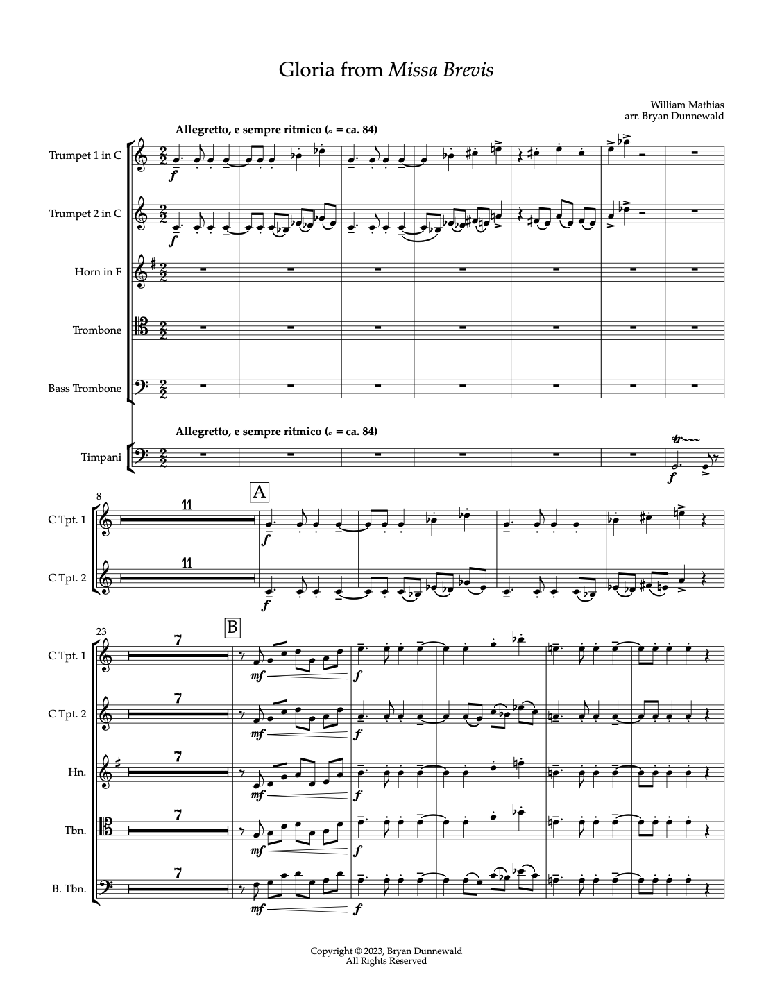 Mathias: Gloria from Missa Brevis (Brass and Timpani Parts) (2023)