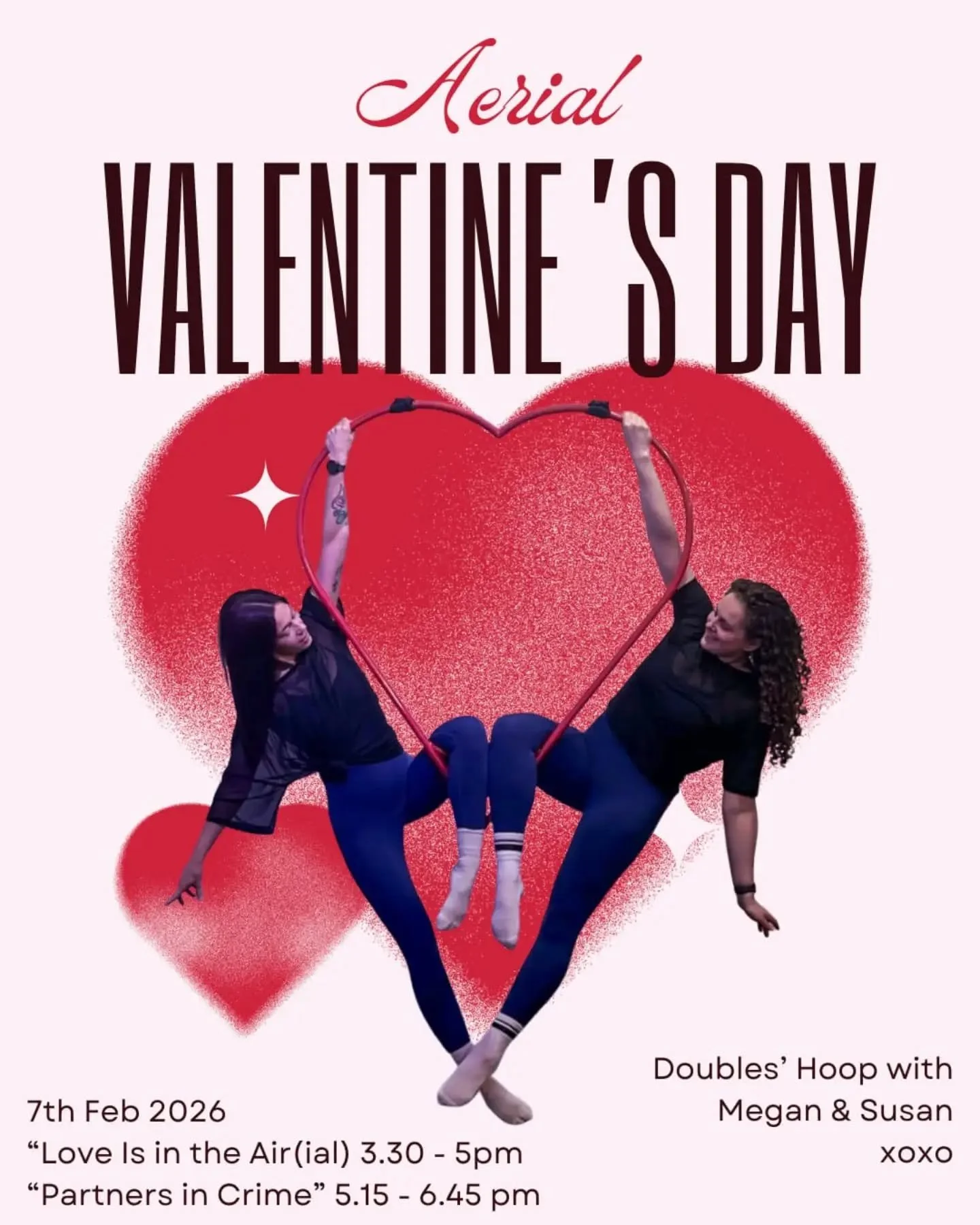 ❤️❤️ Set your calendars for this gorgeous 2026 workshop!! ❤️❤️ 

Our wonderful instructors @__meganjayne &amp; @aerialhoop_susan have prepared TWO stunning Doubles' Hoop Workshops for you 

✨ WORKSHOP 1: "Love is in the Air(ial)" ✨
Ever wan