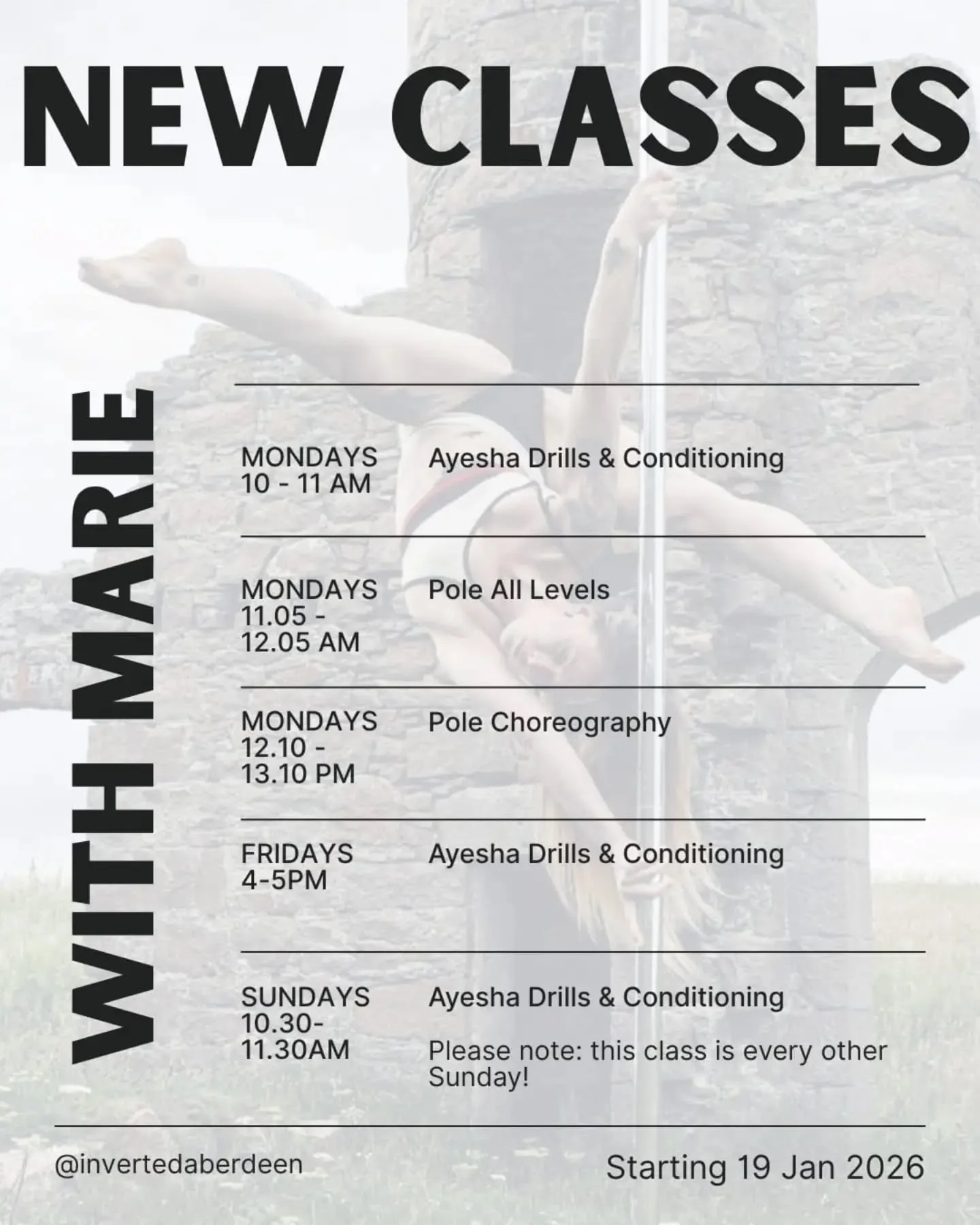 We've got some exciting additions to our Pole classes, and Mondays just got more exciting 

Here's the overview aaaaaand we're also thrilled to announce... 🥁🥁🥁 

✨BRAND NEW CLASS ✨
🎉 AYESHA Drills &amp; Conditioning 🎉 

PRE-REQUISITE: Strong int