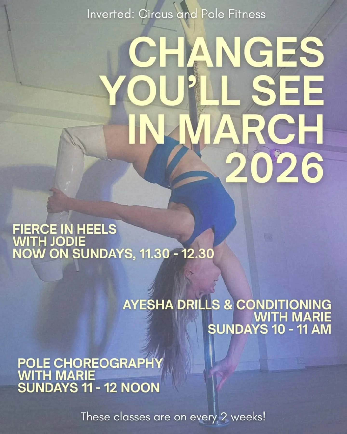 You asked... We listened! 

As of 15th March, we've got the following changes for you: 

@diamondfire_pole Fierce In Heels class has moved to Sundays! This class is on every 2 weeks 

@rahrahmls has changed her Sunday Ayesha Drills class to 10am and 