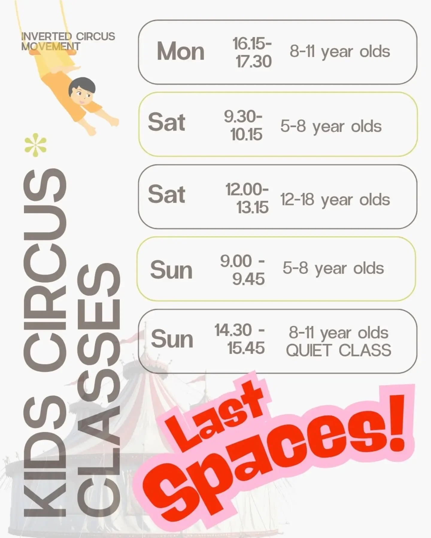DEAR PARENTS, GUARDIANS, FRIENDS 

We have some VERY LIMITED spaces in our kids classes! If you're interested, email us quickly:

💌 invertedaberdeen@gmail.com 

The last spaces will be allocated on a 1st come 1st serve basis, so BE QUICK 

You can a