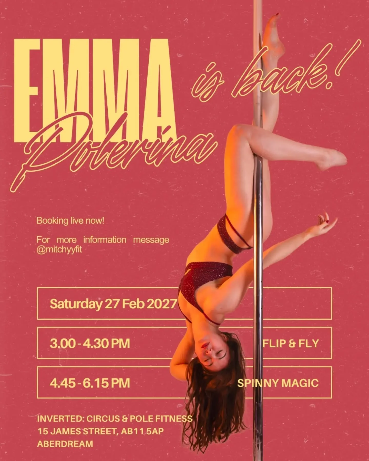 💜 SHE IS BACK 💜 

@emma_polerina is back to teach us 2 gorgeous workshops 

✨ FLIP &amp; FLY ✨
Dive into the world of dynamics! This workshop focuses on power moves like flips, drops and explosive static spins. You will learn how to combine strengt