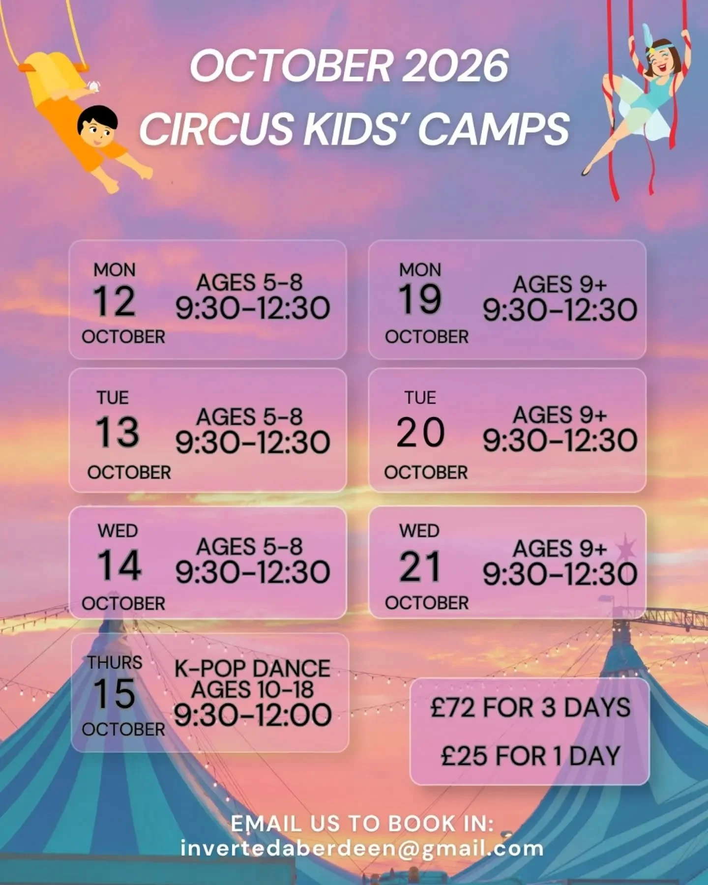 It's that time of year again!!! 

Our amazing KIDS CAMPS are taking over this autumn!! 🎃❤️

✨ HOW THEY WORK ✨

🎪 No previous circus experience needed! 

🎪 Our camps are 3 hours long: 9:30am till 12:30 pm. The kids start with a fun warm up, games a