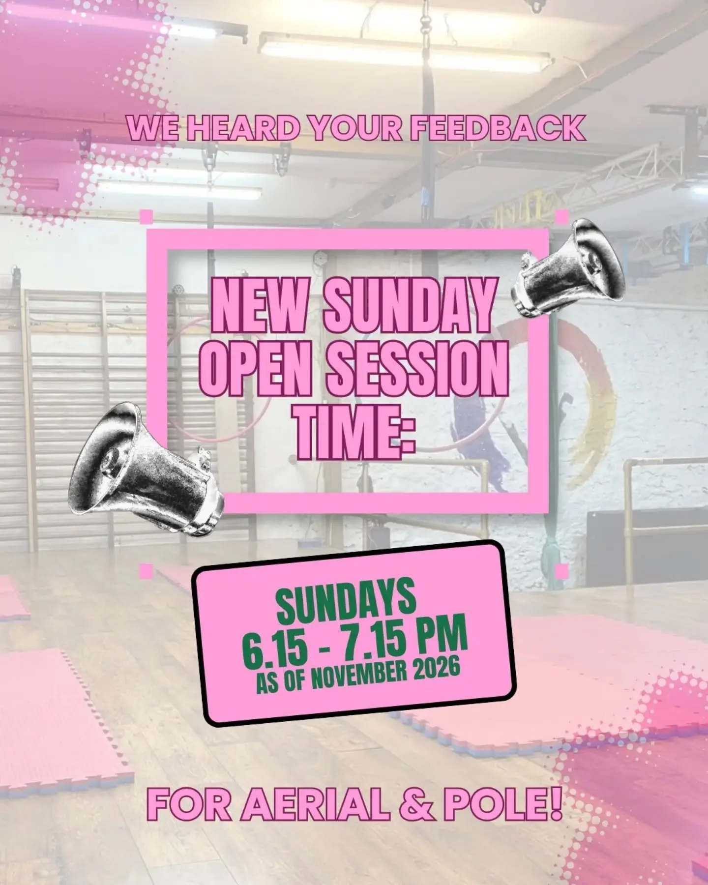 As of November 2026! 

OPEN SESSIONS on SUNDAYS will be from
✨ 6.15-7.15pm ✨

Thank you for your feedback! We're excited this time works better for you, and we wish you fabulous training!! 

Love,
The Inverted Team