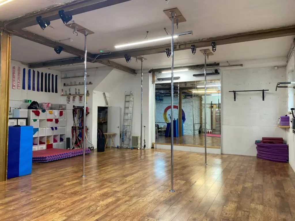 Interior of a dance or fitness studio with wooden flooring, mirrors on the wall, and poles for pole dancing or fitness exercises. Equipment and storage shelves are visible on the side, and a mirror wall facing the main room.