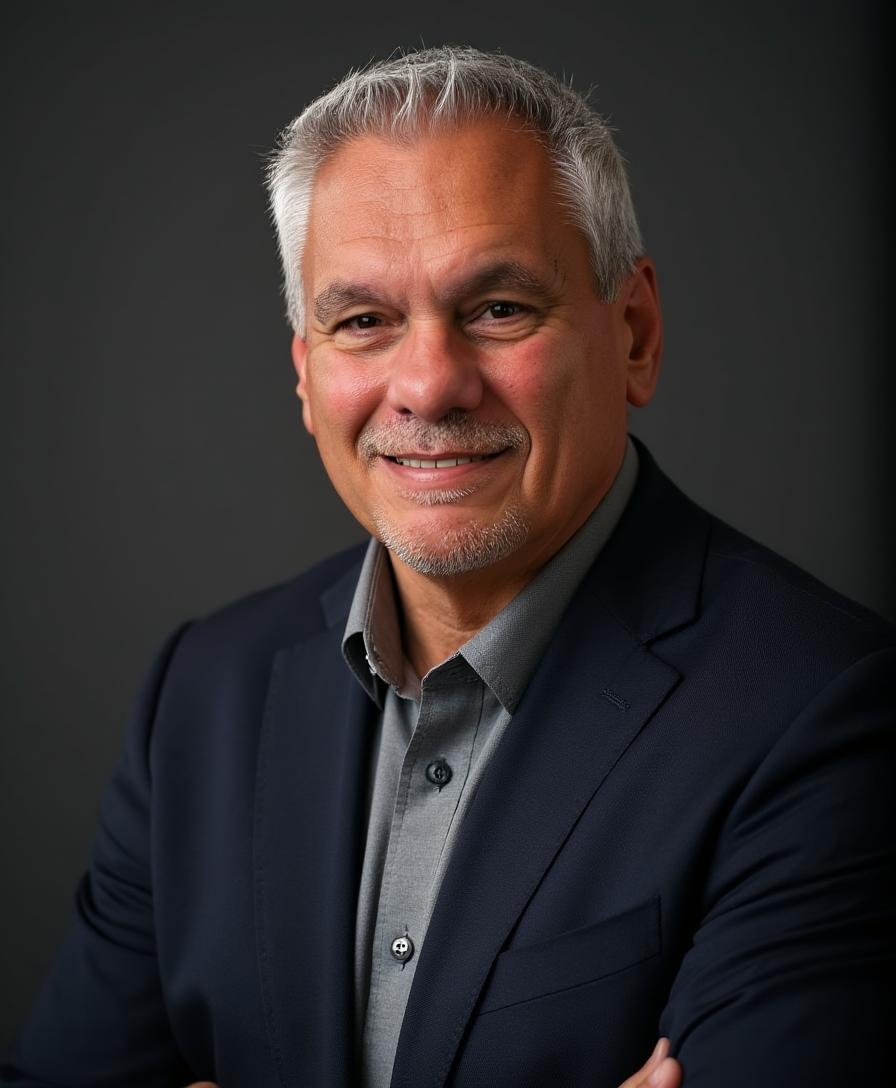 Portrait of a smiling middle-aged man with gray hair and a goatee, wearing a dark suit and a gray collared shirt, against a dark background.