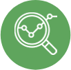 Magnifying glass with a line graph inside on a green circular background.