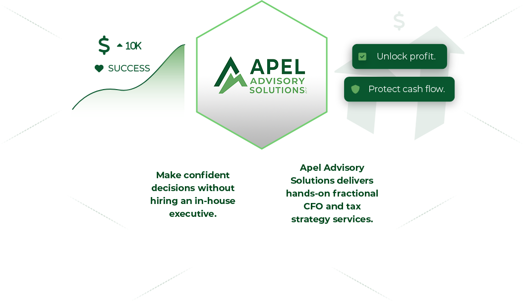 A promotional graphic for Apel Advisory Solutions, highlighting services like making confident decisions without an in-house executive, and delivering hands-on fractional CFO and tax strategy services. The graphic features a green and white color scheme, with icons of a dollar sign and a heart indicating success and profit, and includes the company's logo.