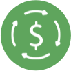 Green circular icon with dollar sign and circular arrows indicating financial or currency exchange concept