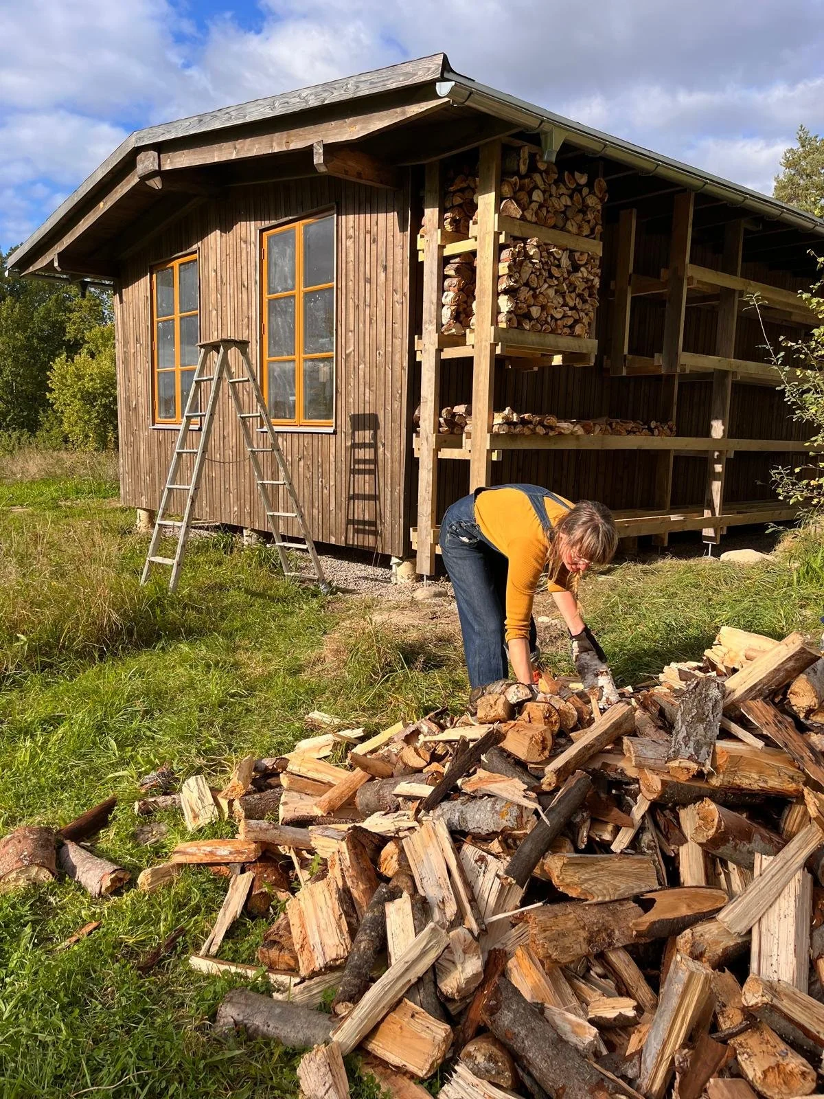 Een persoon met een gele trui en blauwe jeans die hout hakt in een tuin voor een houten huis met opslagrekken gevuld met brandhout.