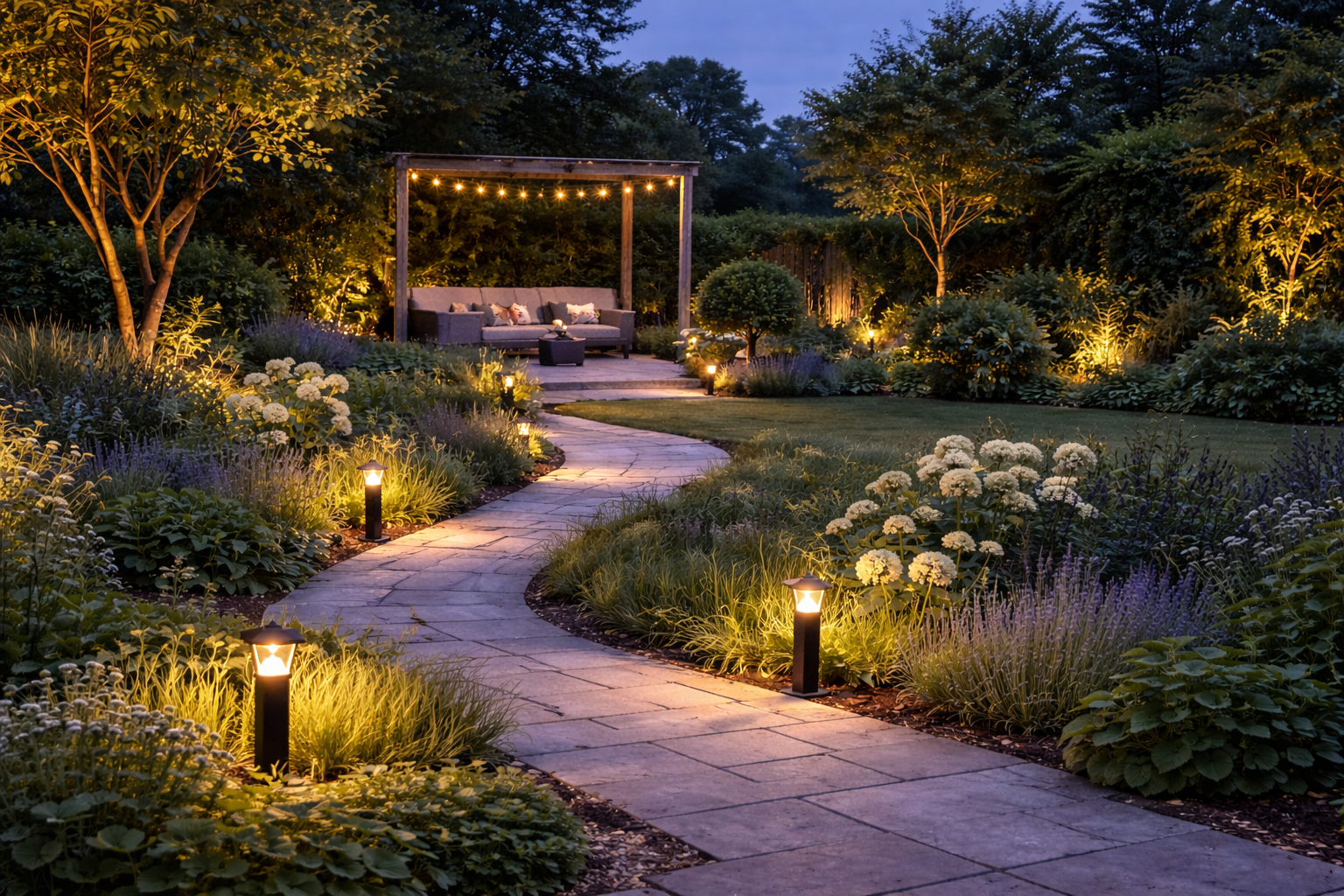 Landscape lighting illuminating planting, hardscape and outdoor zones after dark.