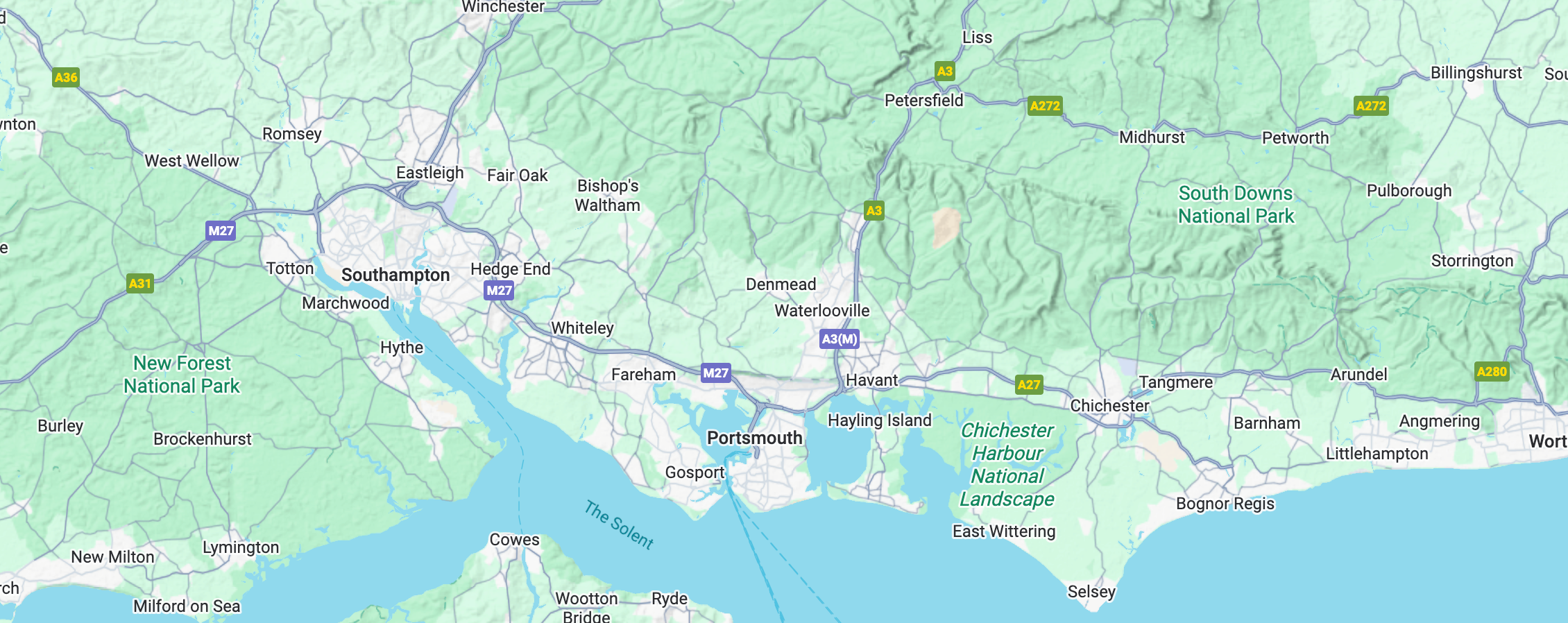 Map of the Southampton area in England, showing cities, roads, and nearby national parks including New Forest National Park and South Downs National Park.
