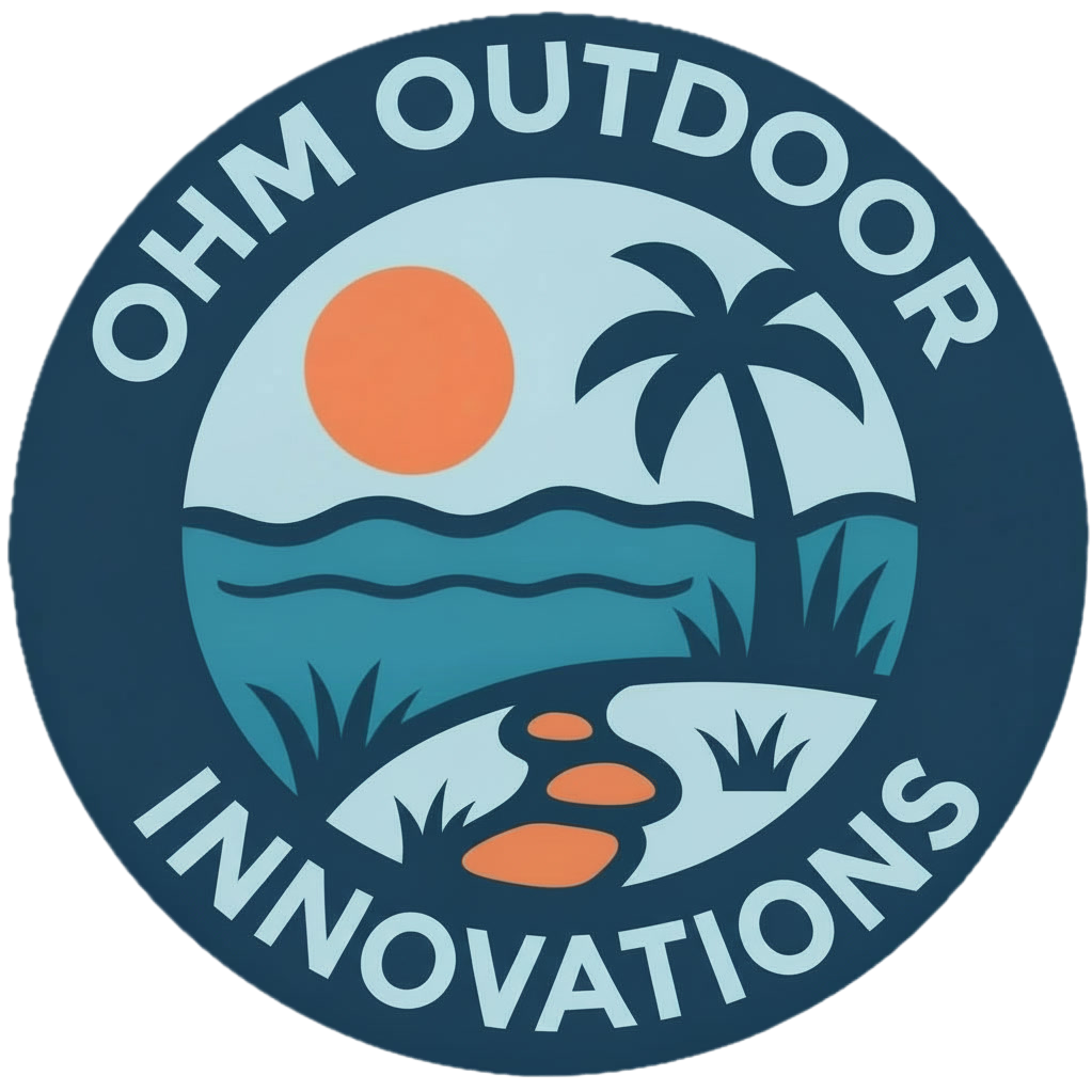 Outdoor Innovations logo featuring a sunset, a palm tree, water, rocks, and greenery
