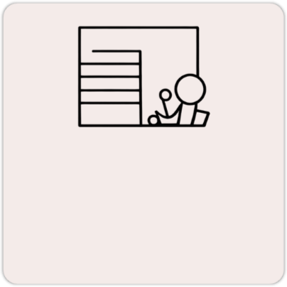 Simple black and white line drawing of a paper with a person reading or working with a notebook or tablet.