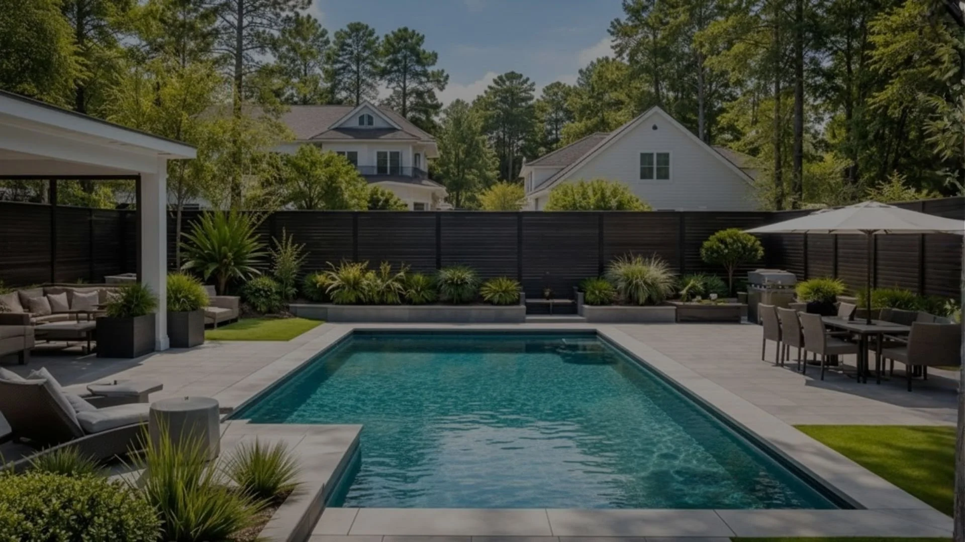 A private backyard with a private swimming pool, dark sleek paneled walls, a patio, and surrounding greenery, with houses and trees in the background.