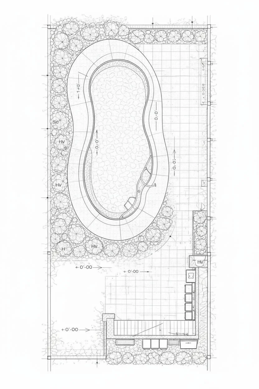 Architectural blueprint of a backyard with a kidney-shaped swimming pool, surrounded by landscaping including trees and shrubbery, with a patio area, seating, and stairs.