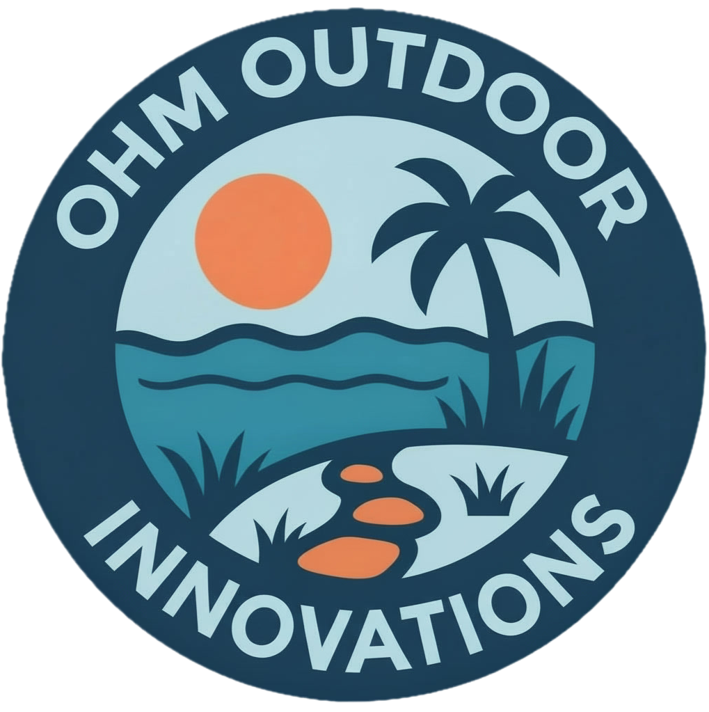 Outdoor Innovations logo featuring a sunset, palm tree, ocean, sandy path, and plants.