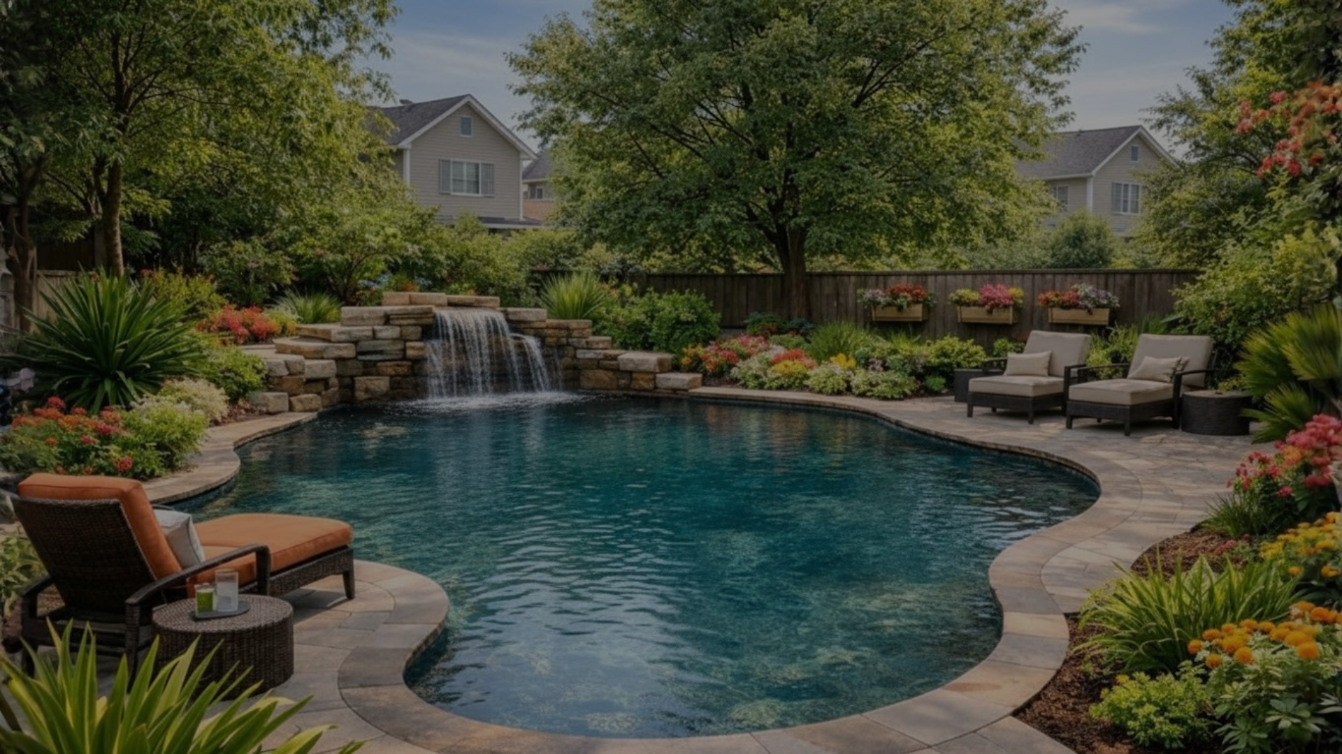 Private Backyard with a private pool, lush greens, and surrounding garden with flowers and trees