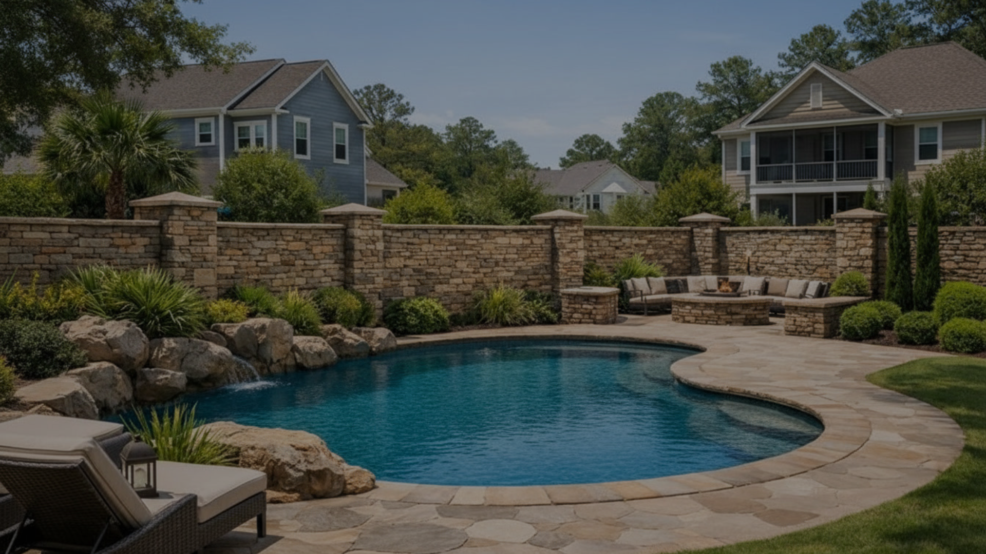 Private Backyard with a private swimming pool, stone patio, landscaping, and houses in the background.