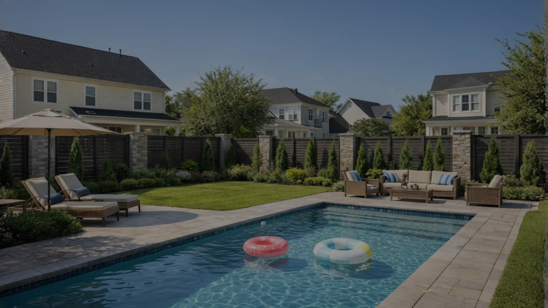 A private backyard with a private family swimming pool, lounge chairs, an umbrella, and outdoor seating surrounded by a wooden privacy fence and greenery in a suburban family neighborhood.