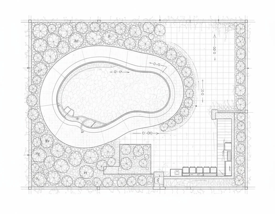 Architectural blueprint of a backyard landscape design featuring an irregular-shaped swimming pool, surrounded by trees and shrubbery, with a patio area that includes outdoor furniture, a small building, and a staircase.