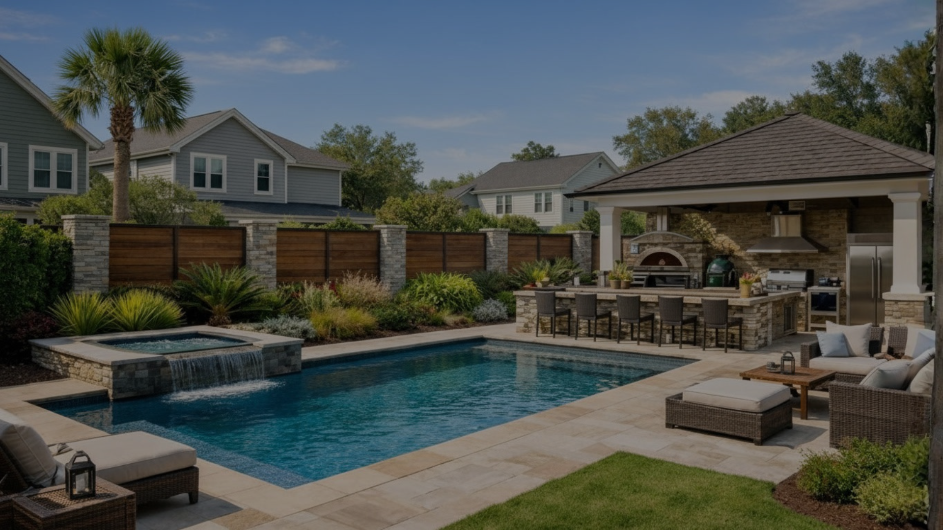 Private Backyard with a private swimming pool, full outdoor kitchen, and shaded seating area, surrounded by a decorative stone and wood privacy fence, with houses and trees in the background.