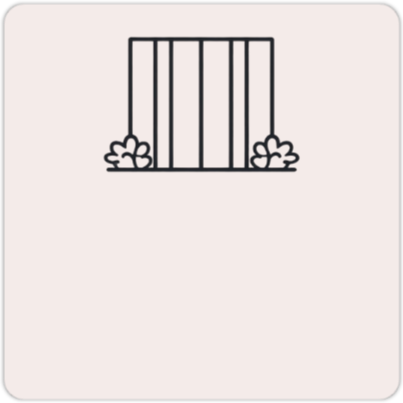 A simple black and white drawing of a window with bars and two small bushes at the base.