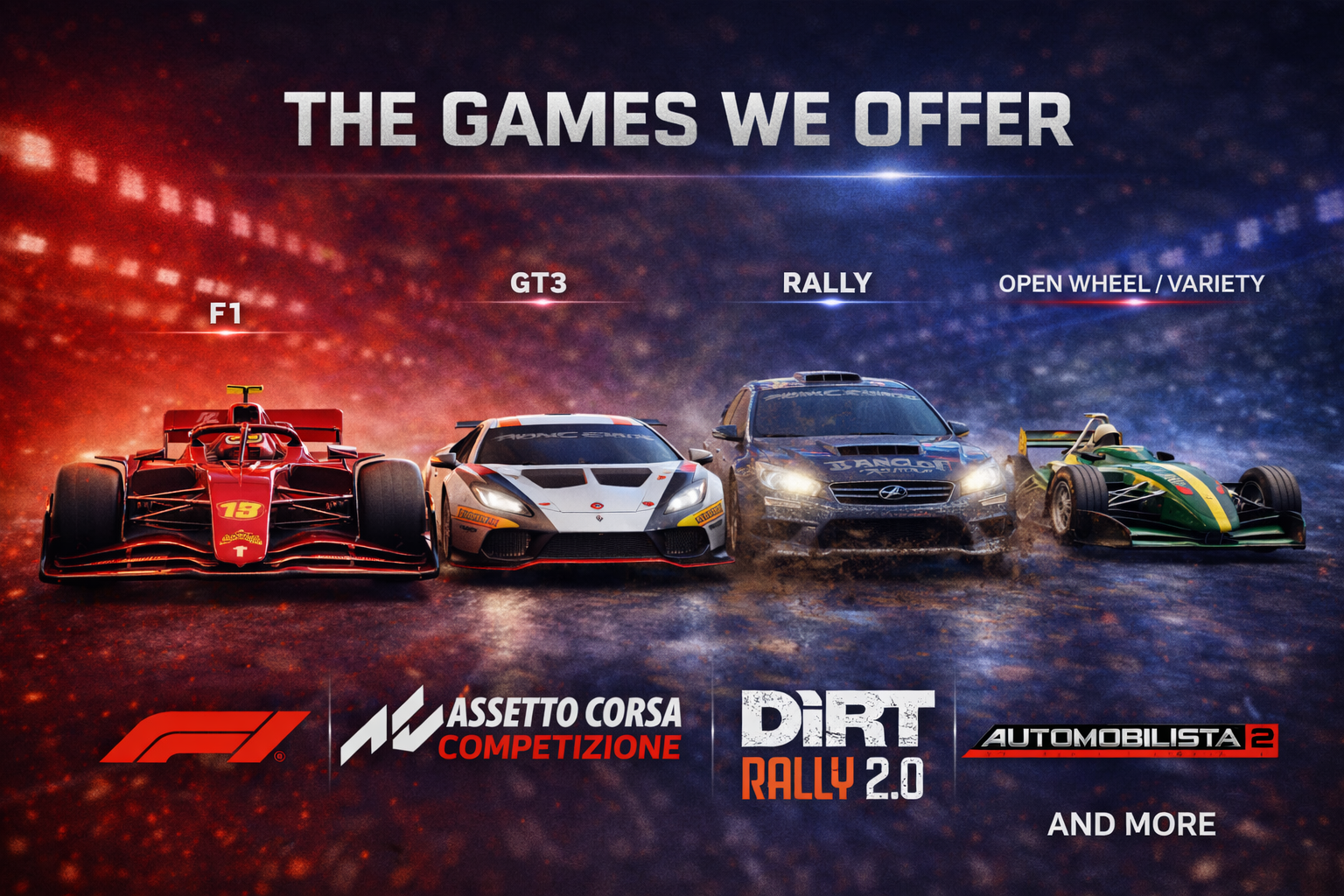 A promotional image featuring four racing cars labeled F1, GT3, Rally, and Open Wheel/Variety, with logos for F1, Assetto Corsa Competizione, DiRT Rally 2.0, and Automobilista 2, suggesting the games offered.
