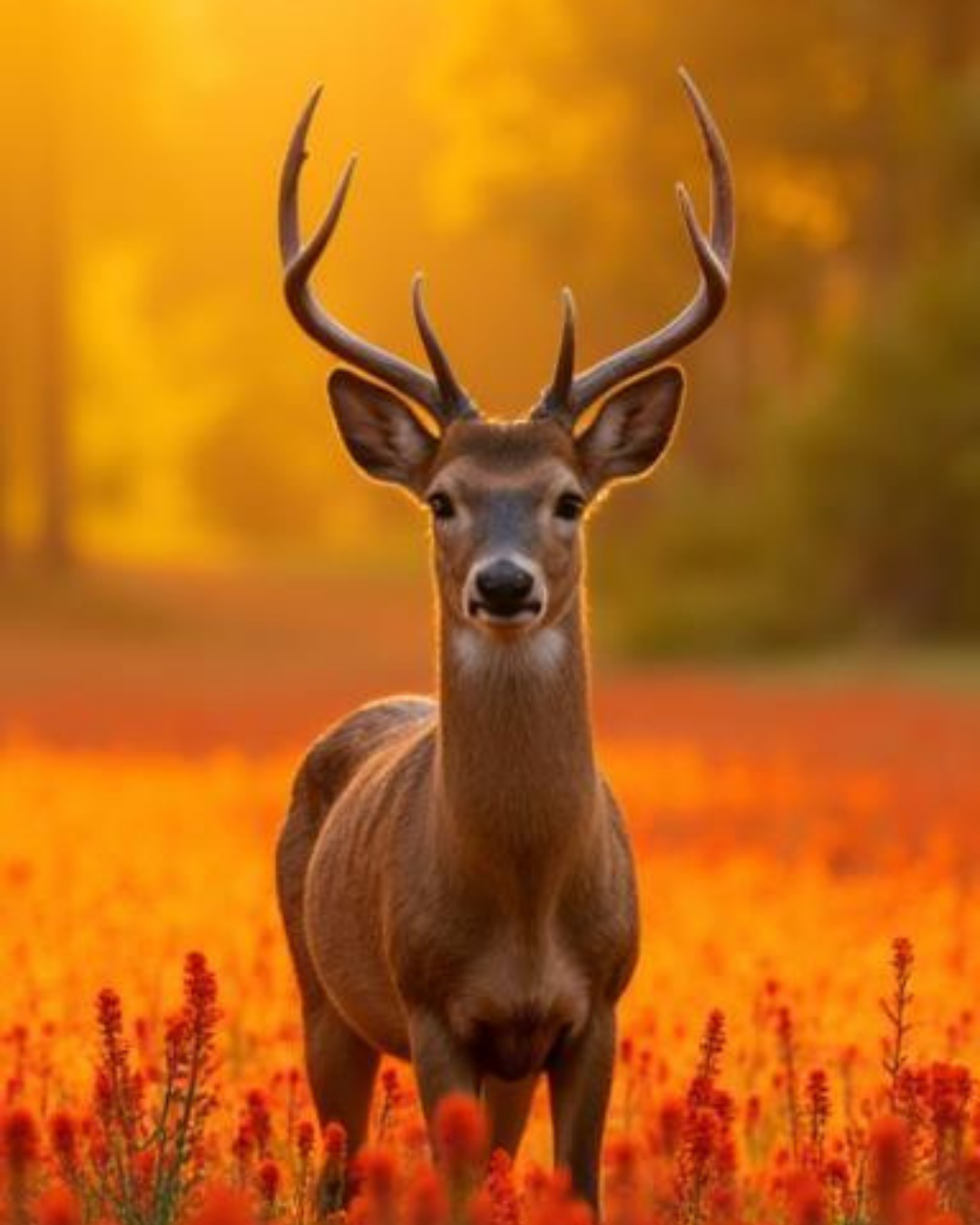 A deer with large antlers standing in a field of orange flowers during sunset.