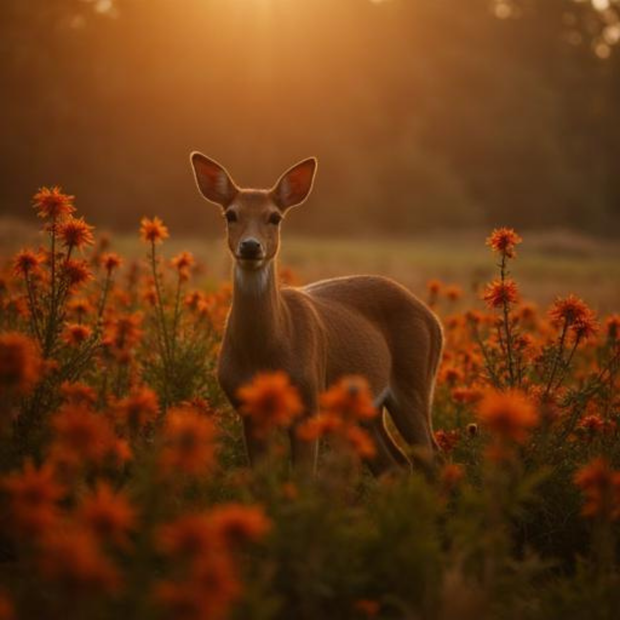 A young deer standing in a field of orange flowers at sunset.