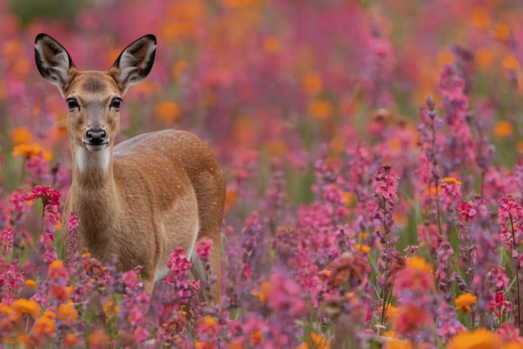 A deer standing in a field of pink, purple, and orange flowers with a blurred colorful background.