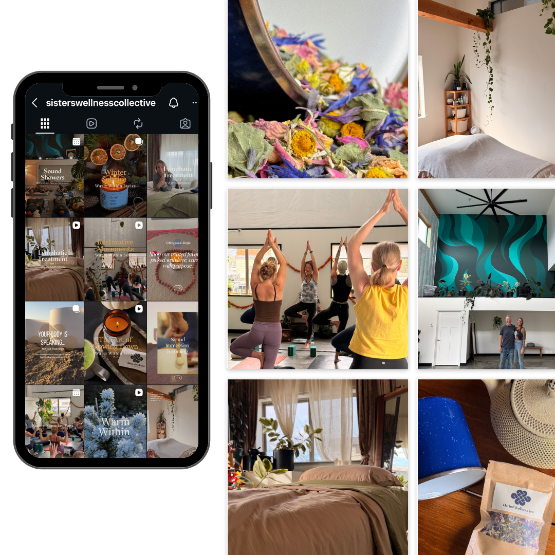 Collection of wellness and cozy lifestyle images including a phone screen with wellness social media posts, dried flower arrangement, a minimalist bedroom with hanging plants, a yoga class with women practicing yoga, a vibrant wall mural in a room, a well-decorated bedroom with plants and sunlight, a couple standing in a modern room, and herbal wellness tea with a blue mug and a plant.