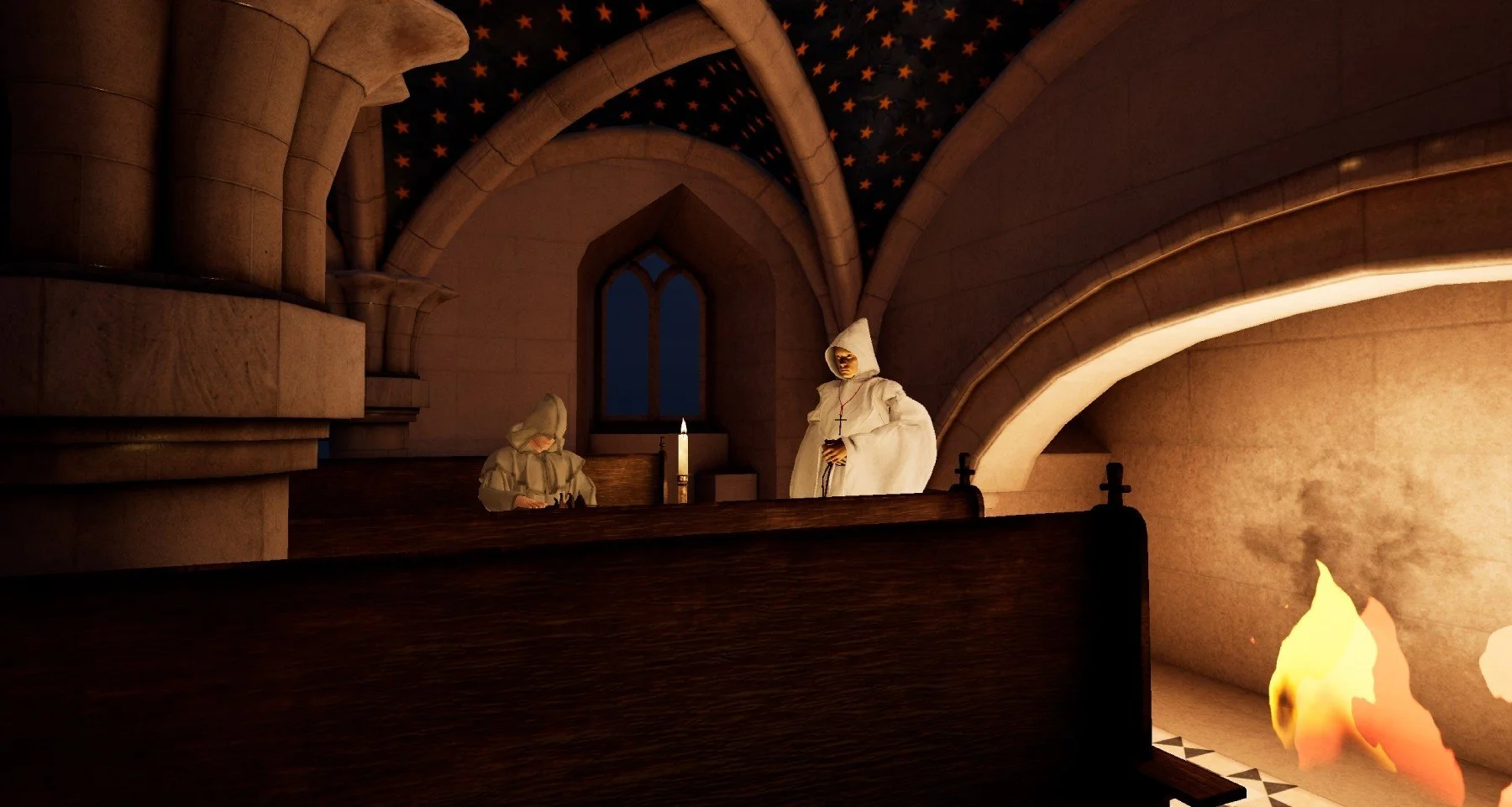 Two figures dressed in white robes and hoods are inside a dimly lit church or cathedral, one sitting at a wooden bench and the other standing nearby, with a lit candle on the bench and a fireplace in the background.