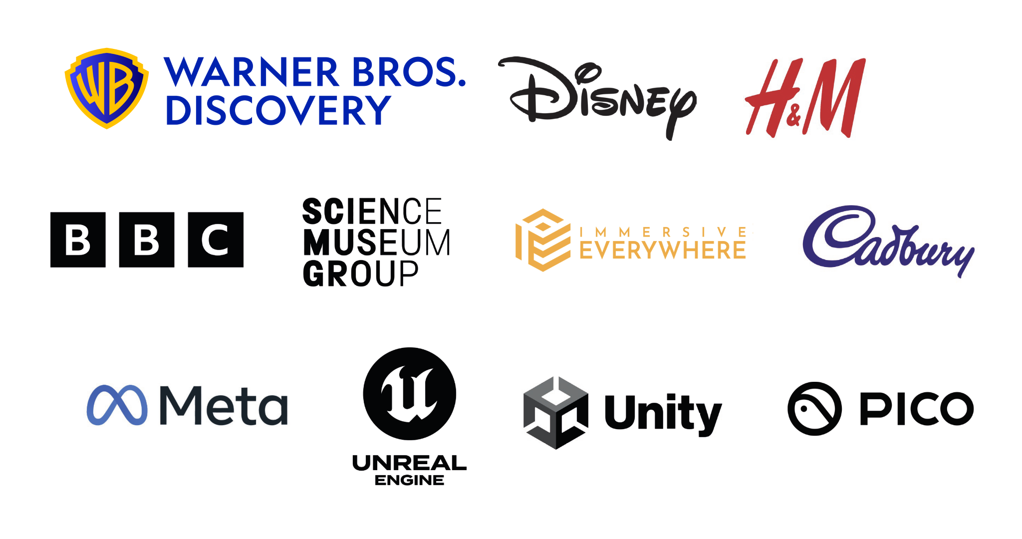 Logos of Warner Bros. Discovery, Disney, H&M, BBC, Science Museum Group, Immersive Everywhere, Cadbury, Meta, Unreal Engine, Unity, and PICO.