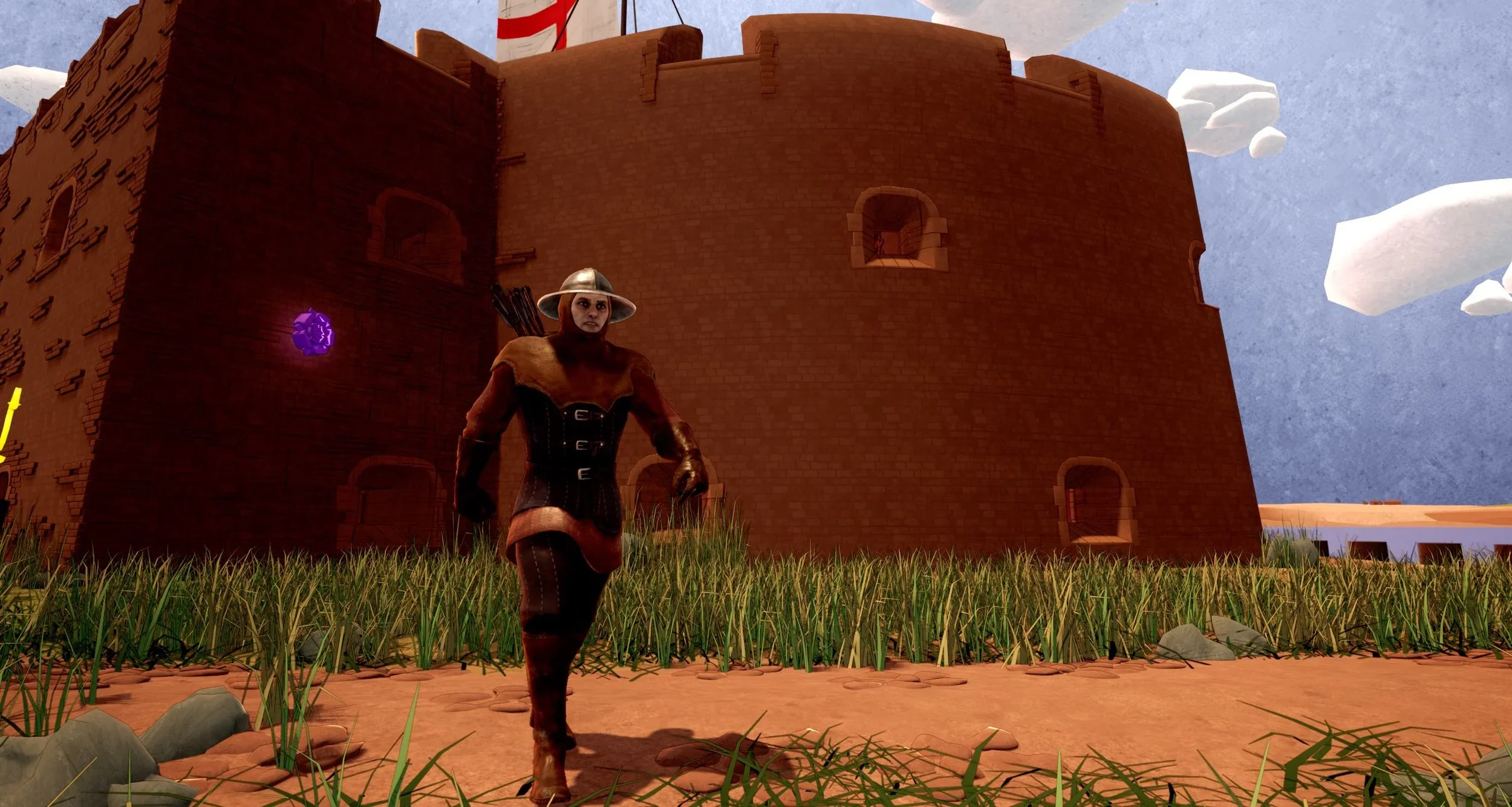 A male character dressed in medieval-style clothing, with a hat and bows on his back, walking through tall grass in front of a large red brick fortress under a cloudy sky with some white clouds.